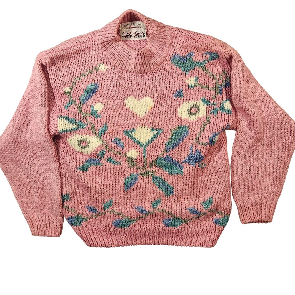 Vintage Side By Side Sweater Womens Large Pink Heart Floral Knit Pullover 80s